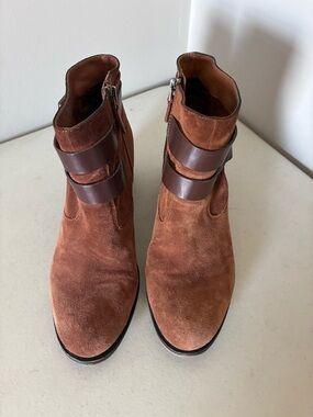 Franco Sarto Women’s Brown Suede Ankle Booties with Brown Leather Straps